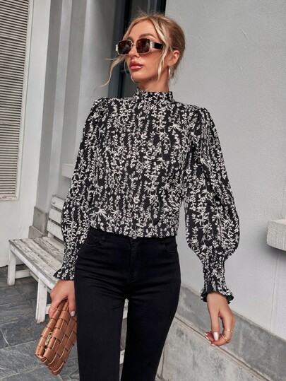 ブラウス 花柄プリント ランタンスリーブ モックネック