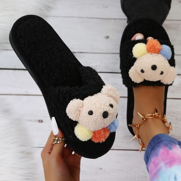 

Cartoon Decor Fluffy Bedroom Slippers, Black