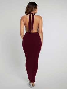 SHEIN SXY Đầm xòe Cổ Hở Lưng Bodycon Váy dây Váy mùa thu - Màu Đỏ Sâu - Xem 2