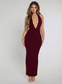 SHEIN SXY Đầm xòe Cổ Hở Lưng Bodycon Váy dây Váy mùa thu - Màu Đỏ Sâu - Xem 4