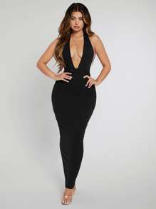 SHEIN SXY Prom Dress;Plunging Neck Open Back Bodycon Halter Dress - Black - View 1