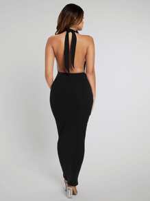 SHEIN SXY Prom Dress;Plunging Neck Open Back Bodycon Halter Dress - Black - View 2