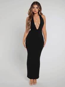 SHEIN SXY Prom Dress;Plunging Neck Open Back Bodycon Halter Dress - Black - View 3