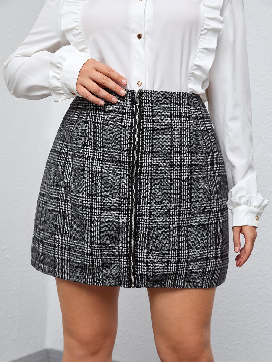 大碼粗花呢格紋拉鏈開襟半身裙 - 黑與白 - 查看 1