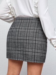 大碼粗花呢格紋拉鏈開襟半身裙 - 黑與白 - 查看 2