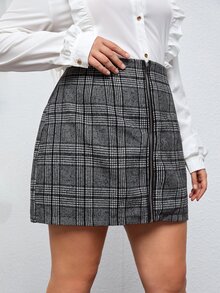 大碼粗花呢格紋拉鏈開襟半身裙 - 黑與白 - 查看 4