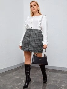 大碼粗花呢格紋拉鏈開襟半身裙 - 黑與白 - 查看 5
