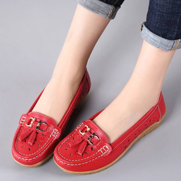 

Stitch Trim Hollow Out Slip On Flats, Red