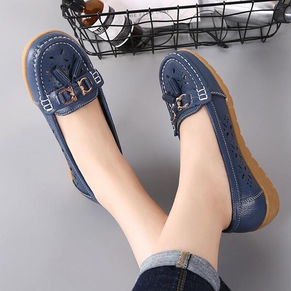 

Stitch Trim Hollow Out Slip On Flats, Navy blue
