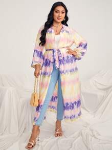 Al Najma 大碼紮染燈籠袖腰帶緞面阿拉伯罩袍