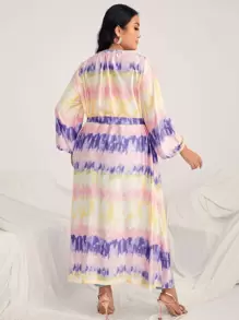 Al Najma 大碼紮染燈籠袖腰帶緞面阿拉伯罩袍