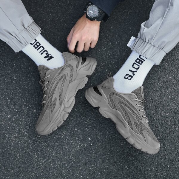 

Men Breathable Lace-up Front Chunky Sneakers, Grey