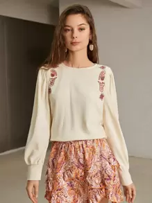 SHEIN Frenchy 渦紋圖案燈籠袖保暖套頭衫 - 杏色 - 查看 1