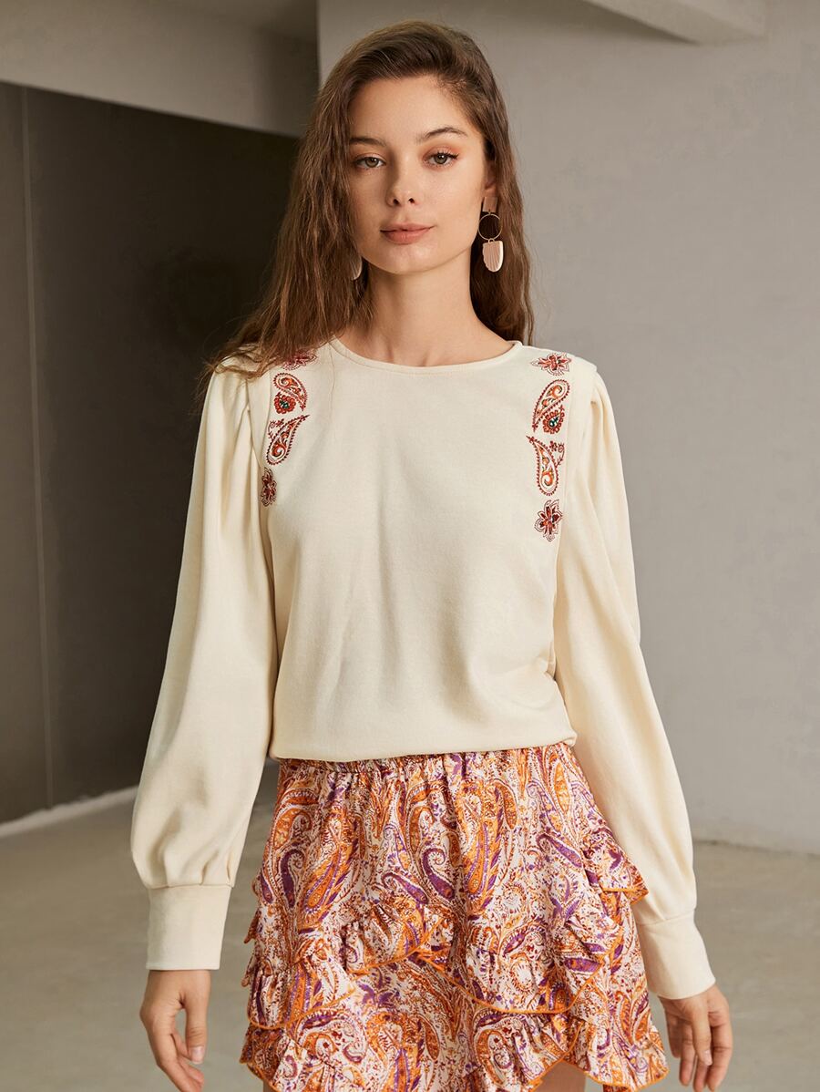 SHEIN Frenchy 渦紋圖案燈籠袖保暖套頭衫 - 杏色 - 查看 1