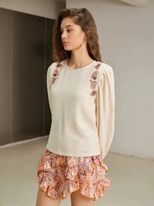 SHEIN Frenchy 渦紋圖案燈籠袖保暖套頭衫 - 杏色 - 查看 3