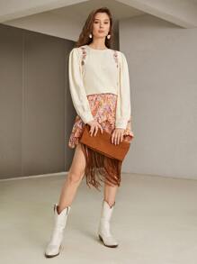 SHEIN Frenchy 渦紋圖案燈籠袖保暖套頭衫 - 杏色 - 查看 4