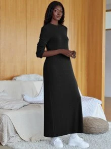 Ribbed Knit Maxi Dress - Black - View 6