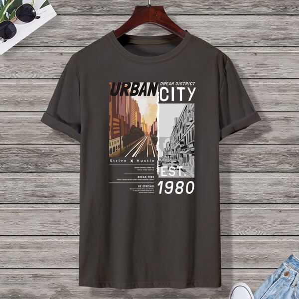 

Men Building And Letter Graphic Tee, Grey