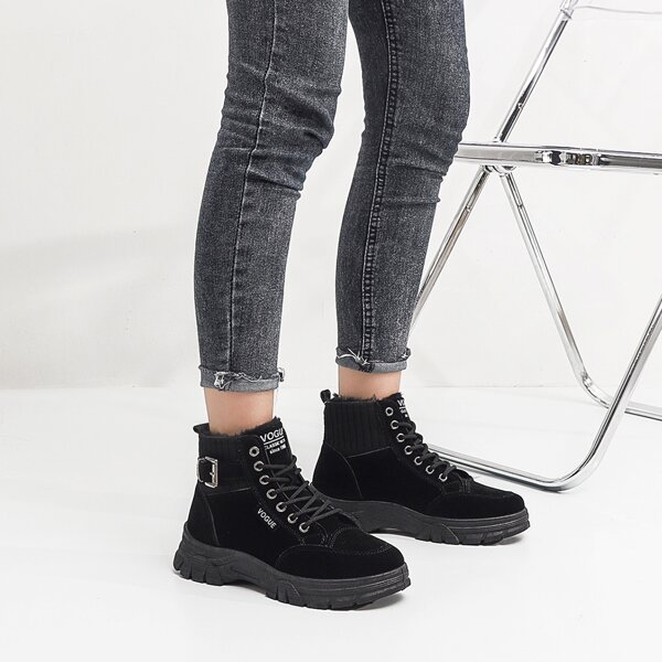 

Buckle Decor High Top Lace-up Front Sneakers, Black