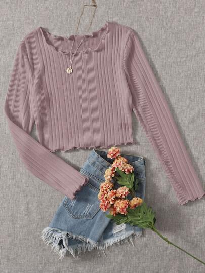 SHEIN EZwear Women T-Shirts Lettuce Trim Rib-Knit Plain Casual