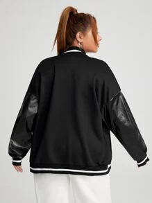 CovetEZ Plus Letter Patched Contrast PU Sleeve Plaid Varsity Jacket - Black - View 2