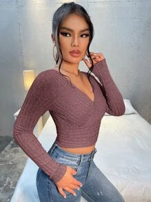 SHEIN Essnce Áo thun nữ Trọn gói Gân đan màu trơn Giải trí - Gỗ đỏ - Xem 6