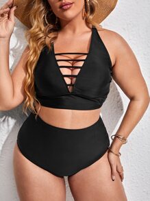 SHEIN Swim Curve Plus Size Ladder Cut-Out Bikini Set Summer Beach - Black - View 1