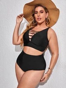 SHEIN Swim Curve Plus Size Ladder Cut-Out Bikini Set Summer Beach - Black - View 3