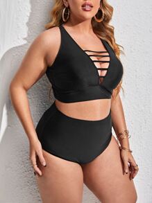 SHEIN Swim Curve Plus Size Ladder Cut-Out Bikini Set Summer Beach - Black - View 4