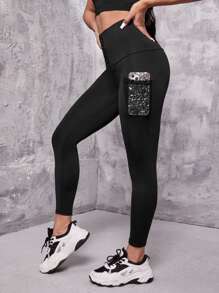 Yoga Basic 鉤眼扣手機口袋運動打底褲 - 黑色 - 查看 2