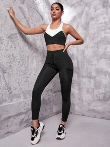 Yoga Basic 鉤眼扣手機口袋運動打底褲 - 黑色 - 查看 3