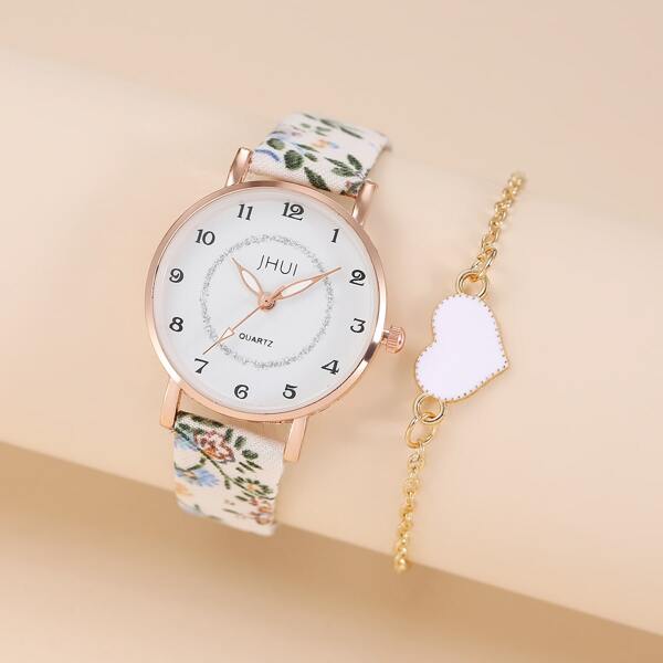 

1pc Flower Pattern Strap Round Pointer Quartz Watch & 1pc Bracelet