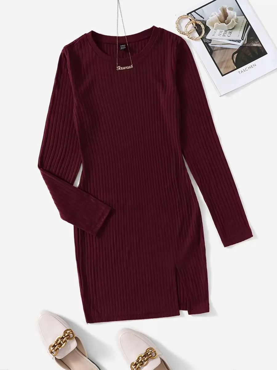 SHEIN Essnce Đầm Chia Gân đan màu trơn Giải trí - Màu Đỏ Sâu - Xem 1