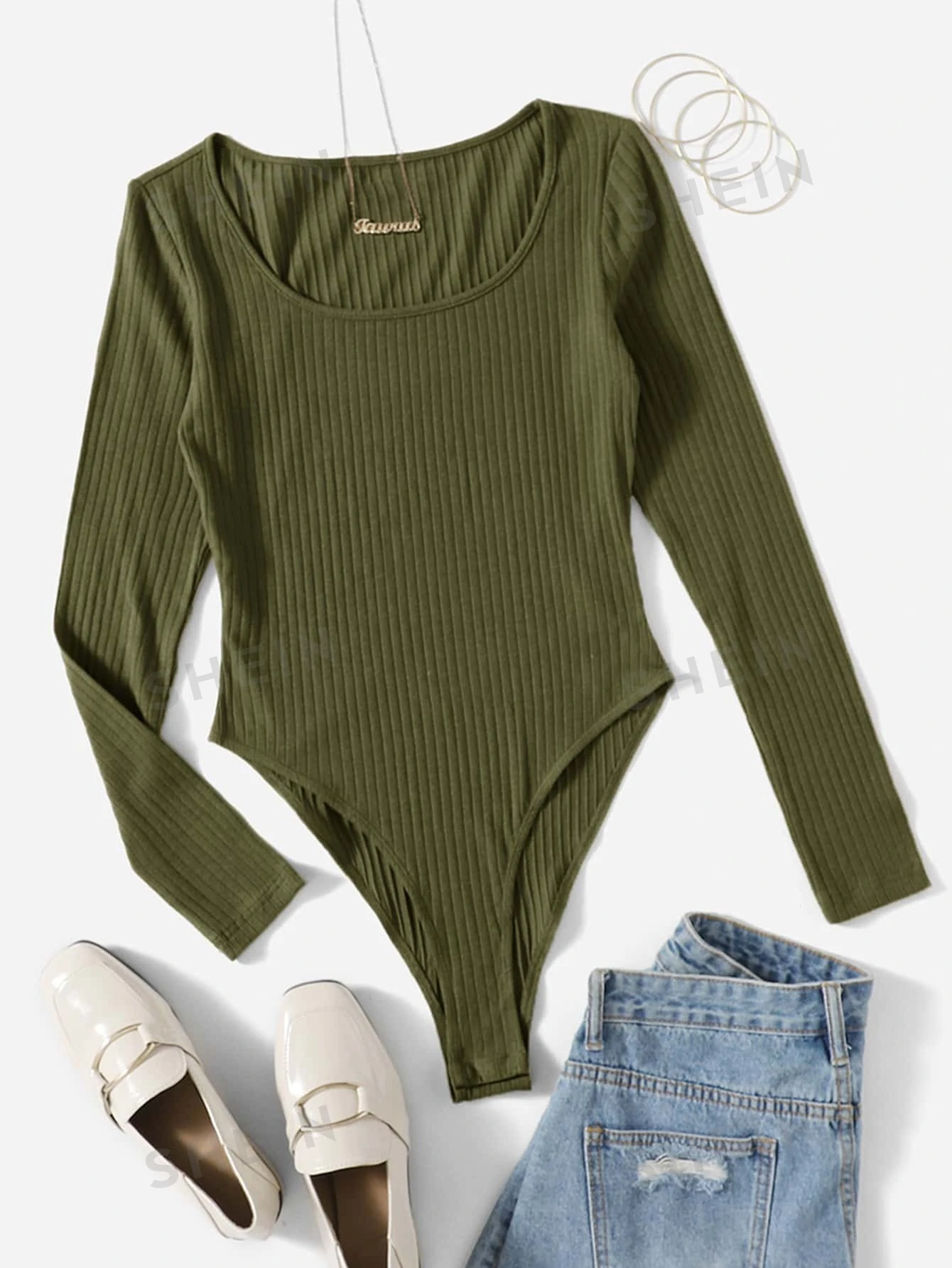 SHEIN EZwear Body unicolor tejido de canalé - Verde militar - Ver 1