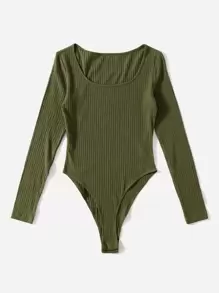 SHEIN EZwear Solid Ribbed Knit Bodysuit - Army Green - View 3