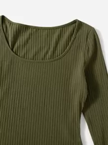 SHEIN EZwear Solid Ribbed Knit Bodysuit - Army Green - View 4