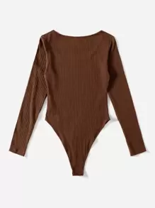 SHEIN EZwear Solid Ribbed Knit Bodysuit - Chocolate Brown - View 2
