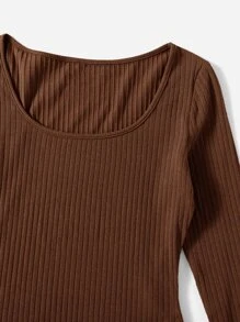 SHEIN EZwear Solid Ribbed Knit Bodysuit - Chocolate Brown - View 4