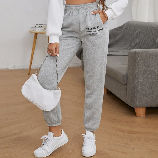 

Slogan Graphic Elastic Waist Sweatpants, Light grey