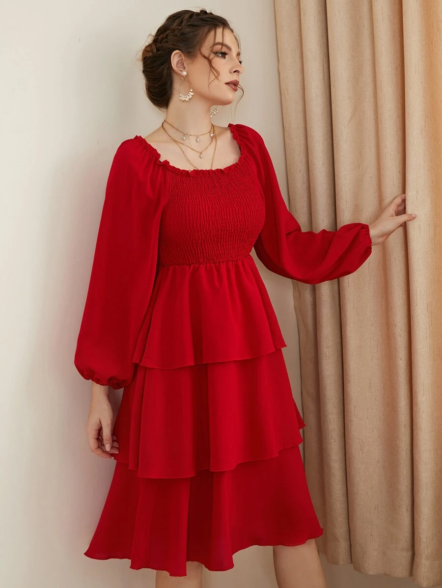 Modelyn Shirred Frilled Lantern Sleeve Layer Hem Dress - Red - View 1