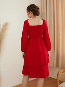 Modelyn Shirred Frilled Lantern Sleeve Layer Hem Dress - Red - View 2