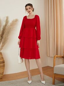 Modelyn Shirred Frilled Lantern Sleeve Layer Hem Dress - Red - View 3