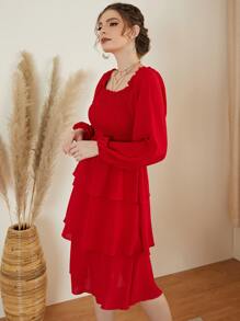 Modelyn Shirred Frilled Lantern Sleeve Layer Hem Dress - Red - View 4