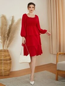 Modelyn Shirred Frilled Lantern Sleeve Layer Hem Dress - Red - View 6