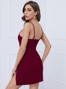 SHEIN BAE Vestido unicolor bajo con abertura de cuello V - Burdeos - Ver 2