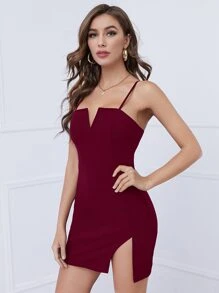 SHEIN BAE Vestido unicolor bajo con abertura de cuello V - Burdeos - Ver 5