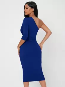 SHEIN PETITE Solid One Shoulder Ruched Bodycon Dress - Royal Blue - View 2