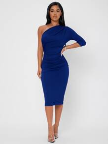 SHEIN PETITE Solid One Shoulder Ruched Bodycon Dress - Royal Blue - View 3