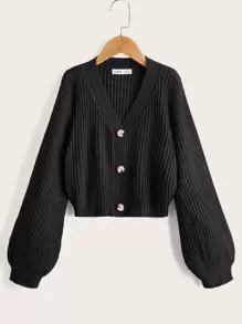 SHEIN 女孩單排釦條紋針織開襟衫 - 黑色 - 查看 1