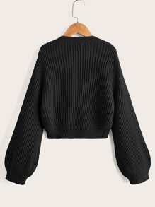 SHEIN 女孩單排釦條紋針織開襟衫 - 黑色 - 查看 2